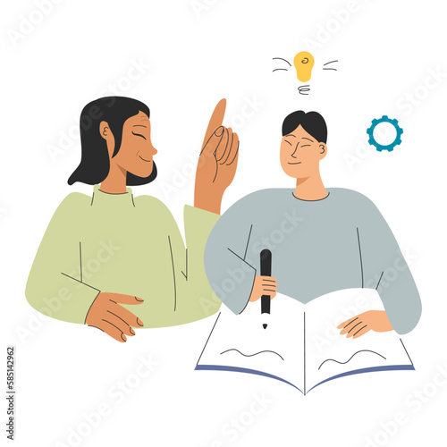 Grandmother teaches a lesson with grandson Study concept vector illustration