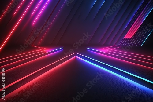 3d rendering. Abstract futuristic neon background. Red blue lines  glowing in the dark. Ultraviolet spectrum. Cyber space. Minimalist wallpaper  Generative AI.