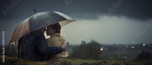 Couple seeking shelter from the rain - made with Generative AI photo