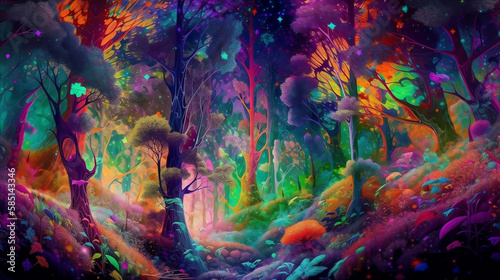 AI Generated illustrations of dreamy and magic forest with mushrooms and magic trees 