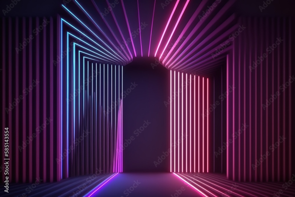 3d rendering, rounded pink blue neon lines, glowing in the dark. Abstract minimalist geometric background. Ultraviolet spectrum. Cyber space., Generative AI.