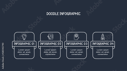 Doodle dark infographic elements with 4 options, template for web on a black background.