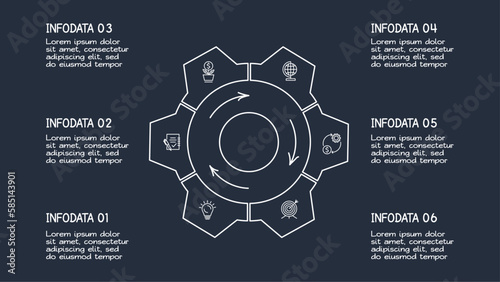 Doodle dark infographic elements with 6 options, template for web on a black background.