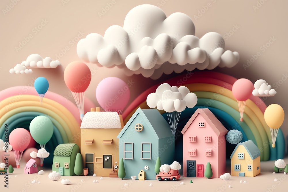 3D cute mini city, mini world, miniature city, kid style, colorful, houses, hotels, streets, clouds, hill, happy color