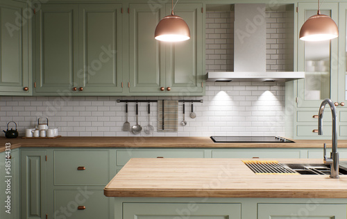 Green kitchen interior with island. Stylish kitchen with wooden worktop.