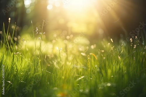 Natural green defocused spring summer blurred background with sunshine. Juicy young grass and foliage on nature in rays of sunlight, scenic framing, copy space