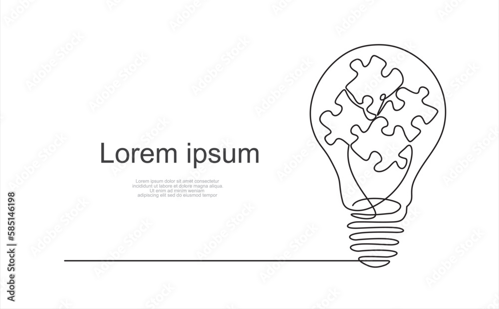 Continuous one line drawing of light bulb and grup of puzzle. inside. Puzzle game symbol and iconic business metaphor for problem solving, solution and strategy. Illustration with quote template. Continuous one line drawing of light bulb and grup of puzzle. inside. Puzzle game symbol and iconic business metaphor for problem solving, solution and strategy. Illustration with quote template.