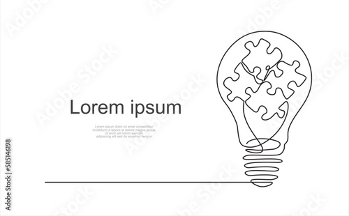 Continuous one line drawing of light bulb and grup of puzzle. inside.  Puzzle game symbol and iconic business metaphor for problem solving, solution and strategy. Illustration with quote template.