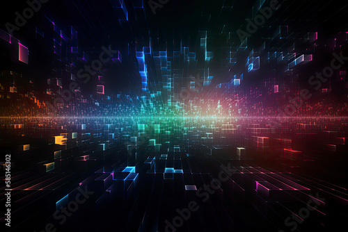 Abstract technology big data background concept. Artificial intelligence tech. Big data and cybersecurity. Transfer and storage of data sets, blockchain, server. Colorful background