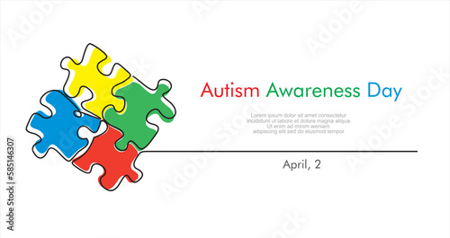 Continuous one line drawing of grup of puzzle. Autism awareness concept art. Accept autism and understand the challenges associated with it. Help people build kinder world for every unique individual