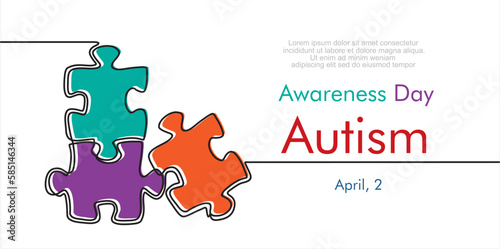 Continuous one line drawing of grup of puzzle. Autism awareness concept art. Accept autism and understand the challenges associated with it. Help people build kinder world for every unique individual