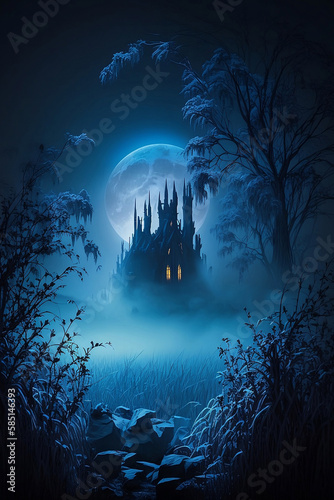 mysterious foggy landscape with castle at night