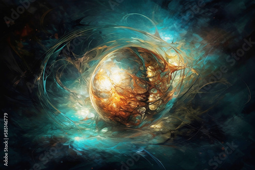 abstract illustration of glowing sphere in dakrness photo