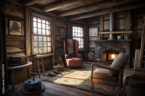 Rustic Cabin: Create a set of images that showcase a charming, cozy rustic cabin. Generative AI © create interior