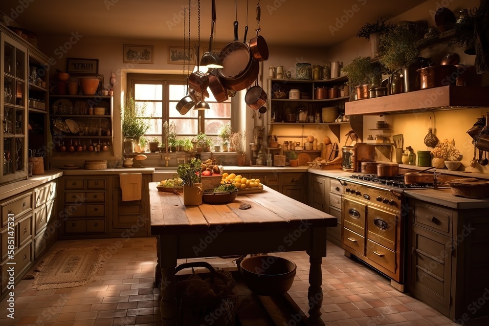Rustic Kitchen: Design a kitchen with a rustic - inspired design, using natural materials, warm colors, and vintage accents. Generative AI