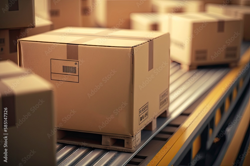 boxes are moving on a new conveyor system. ai generative