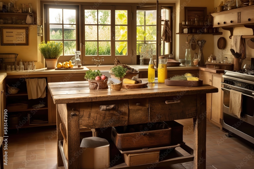 Rustic Kitchen: Design a kitchen with a rustic - inspired design, using natural materials, warm colors, and vintage accents. Generative AI