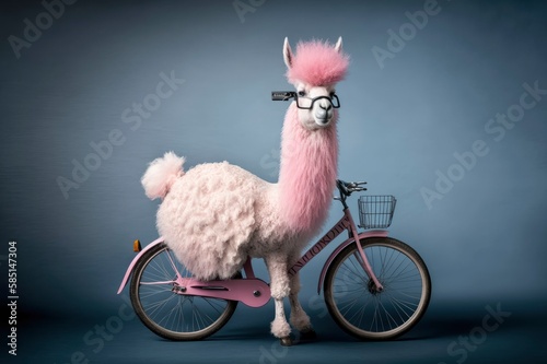 Alpaca with pink fur on bike, space for text. ai generative
