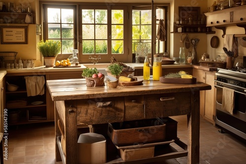 Rustic Kitchen: Design a kitchen with a rustic - inspired design, using natural materials, warm colors, and vintage accents. Generative AI