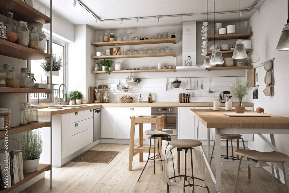 Scandinavian Kitchen: Design a kitchen with a Scandinavian - inspired design, using a minimalist approach and natural materials. Generative AI Scandinavian Kitchen: Design a kitchen with a Scandinavian - inspired design, using a minimalist approach and natural materials. Generative AI