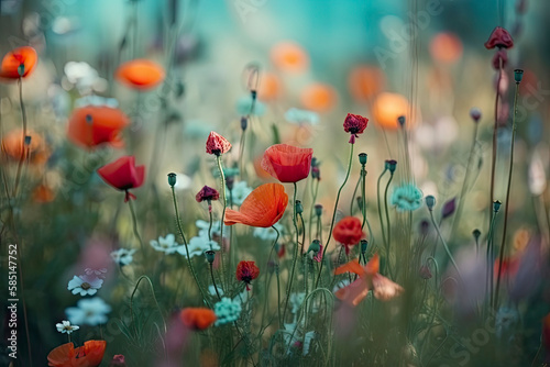 Beautiful colorful flower meadow with multi-colored poppies and fluttering butterflies in nature in spring and summer on light turquoise background close-up with soft focus