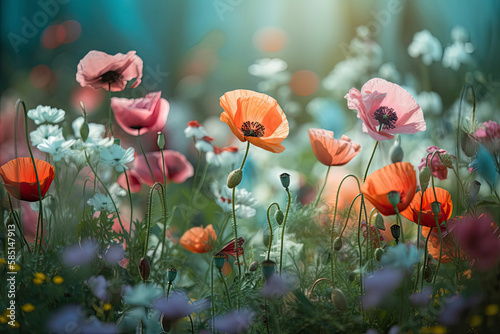 Beautiful colorful flower meadow with multi-colored poppies and fluttering butterflies in nature in spring and summer on light turquoise background close-up with soft focus