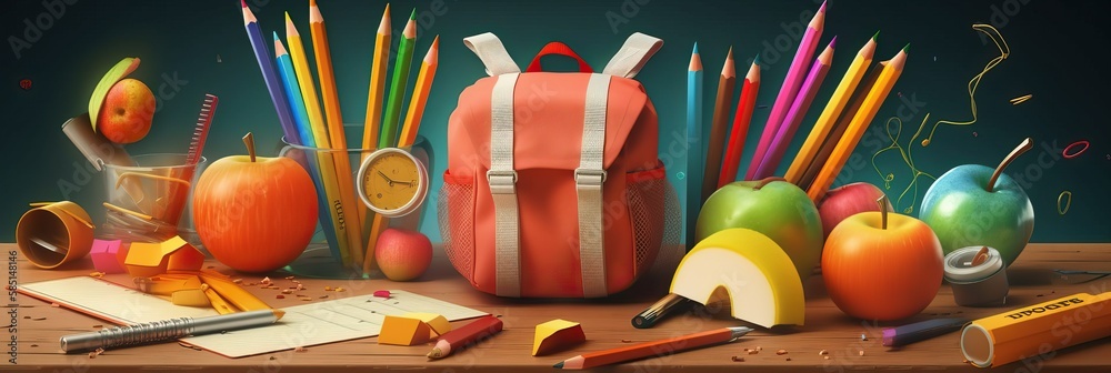 Back to school. Ready for school concept background. Design of different colorful stationery on table. Horizontal banner and poster, header for website. generative ai
