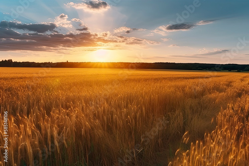 Beautiful natural landscape panorama of golden wheat field at sunset against background