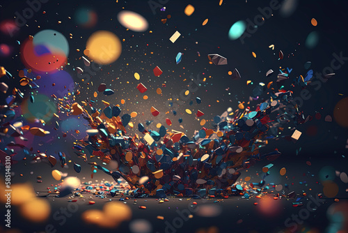 Colorful confetti and serpentine ribbons falling. Anniversary, celebration, carnival, greeting flat illustration with fun explosion, generative ai © Vladimir Sazonov