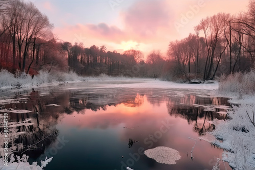 Frozen ice lake in winter in a park in the forest in sunny weather a panoramic view with a blue sky