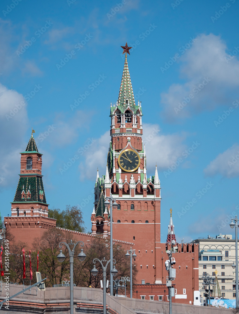 MOSCOW , RUSSIA, June 10, 2022: Ruby star on the spire of the Spasskaya Tower of the Moscow Kremlin on June 10, 2022 in Moscow, Russia