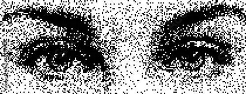 Pixel art eyes, dithering style collage element. Opened human eyes in geometric halftone design, element for collage, mixed media. Vector illustration in y2k, punk, new brutalist, abstract grunge 