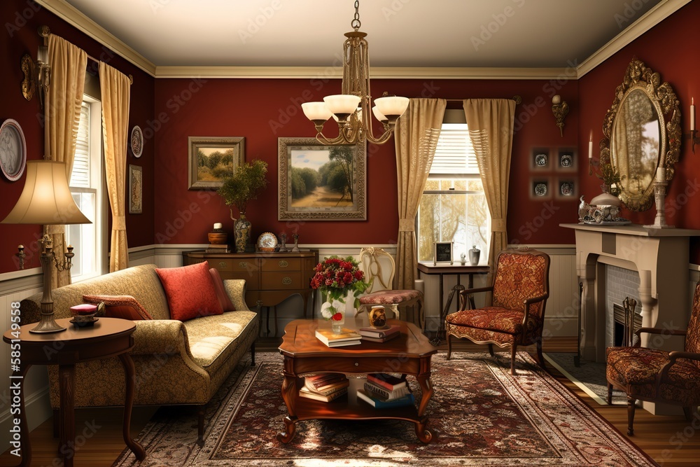 Traditional Living Room: Design a living room with classic decor, including  ornate furniture, heavy curtains, and antique lighting fixtures. Generative  AI Stock Illustration | Adobe Stock