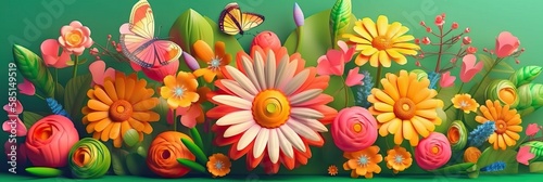 Spring time background. Spring design green grass, leaves and field flowers. Horizontal banner and poster, header for website. generative ai