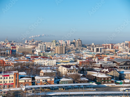 City Barnaul view of the city and church, Altai, Russia.