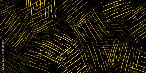 Abstract gold background with various lines and strips. Yellow with black background, yellow strokes over black background.