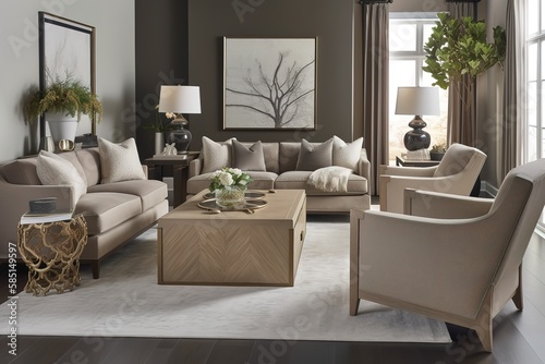 Transitional Living Room: Create a living room with a transitional - inspired design, using a mix of traditional and modern elements, neutral colors, and timeless decor. Generative AI