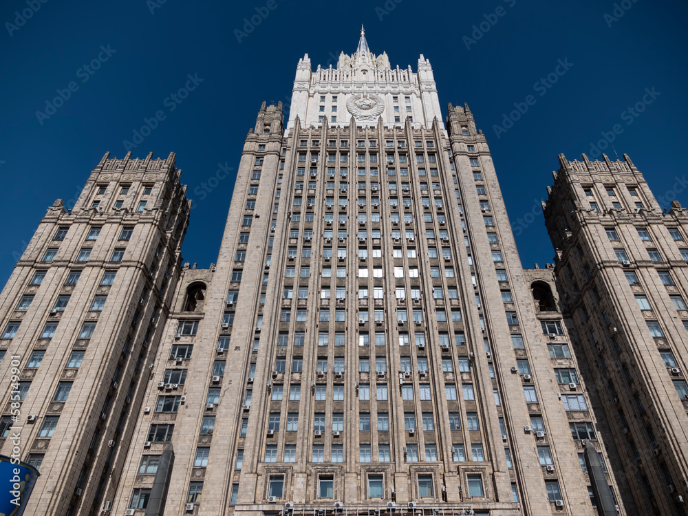 MOSCOW, RUSSIA - JULE 27 2022: The main building of Ministry of Foreign Affairs is one of the famous seven skyscrapers, built in Stalinist style, on Jule 27, 2022 in Moscow, Russi