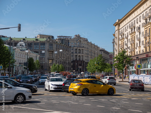 MOSCOW, RUSSIA - MAY 27, 2022: Urban traffic life conceptnear near the square of three stations