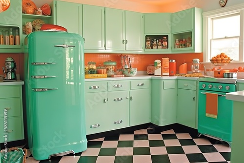 Vintage - Inspired Kitchen: Design a kitchen with a vintage - inspired design, using retro colors, playful patterns, and nostalgic decor. Generative AI
