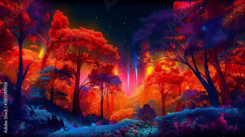 AI generated art of magic forest landscape psychedelic trees