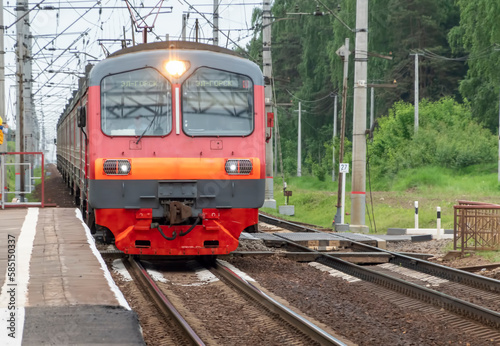 MOSCOW, RUSSIA - JULY 13, 2018: Russian Railways high-speed train Lastochka Swallow rides along the railway path