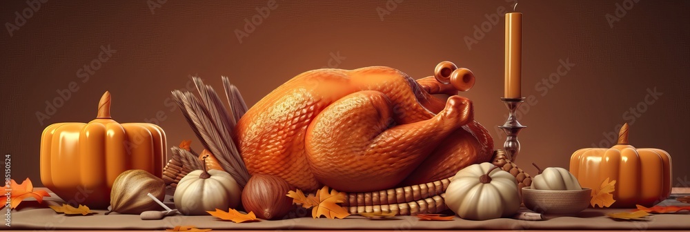 Happy Thanksgiving. Roasted turkey festive table for dinner. Festive design with decorative elements. holiday season. Horizontal banner and poster, header for website. generative ai