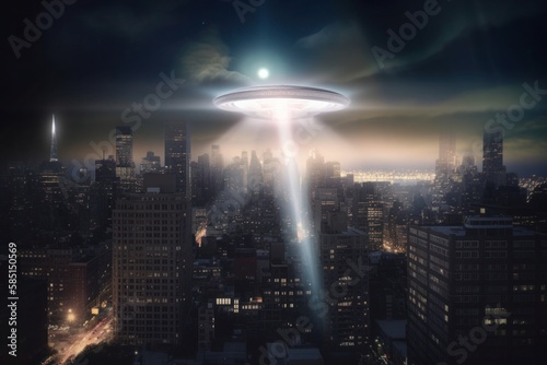A surreal image of an extraterrestrial vessel hovering over a city, where mysterious beams of light illuminate the streets and buildings below. Generative AI.