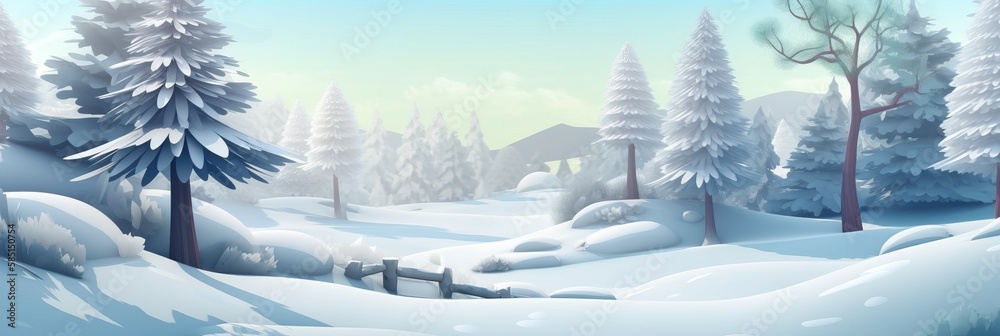 Fototapeta premium Snowy winter landscape. New Year's Christmas winter background, trees in the snow. Horizontal banner and poster, header for website. generative ai
