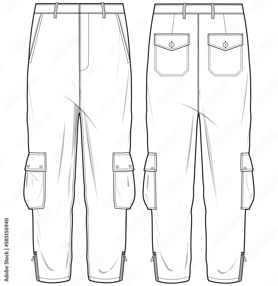 Men's Cargo pant design front and back view flat sketch fashion ...