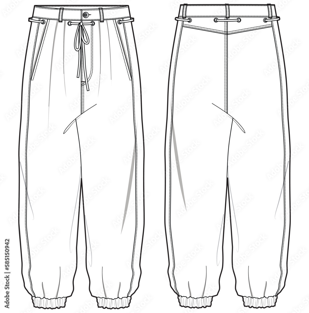 Men's Jogger pants front and back view flat sketch fashion illustration ...