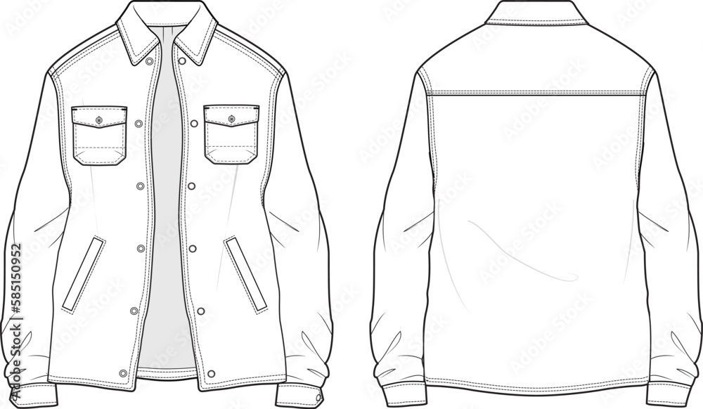 Men's Long sleeve Flannel shirt flat sketch illustration front and back