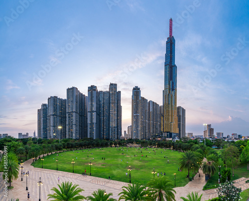 Beautiful night at landmark 81, the tallest building in Vietnam. The building lights up with colorful lights in the evening
