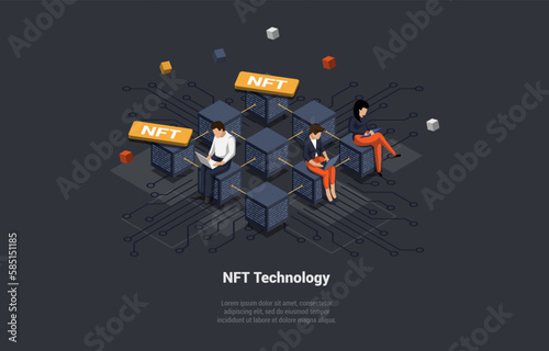 Non Fungible Token Blockchain. People Analysing And Buy NFT At Marketplace In Order To Collect And Get Profit, Pay For Unique Collectibles in Games or Art. Isometric 3D Concept Vector Illustration